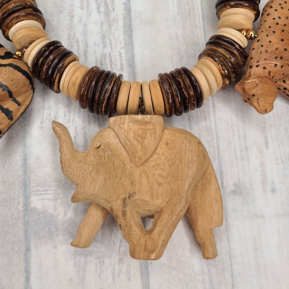 Wooden Safari Necklace with Zebra, Leopard, Elephant - Vintage - Picture 4 of 6